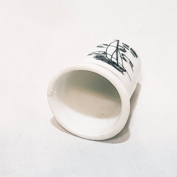 Lake George New York Sailboat Thimble Souvenir Porcelain Vintage 1" White Black - Picture 9 of 10